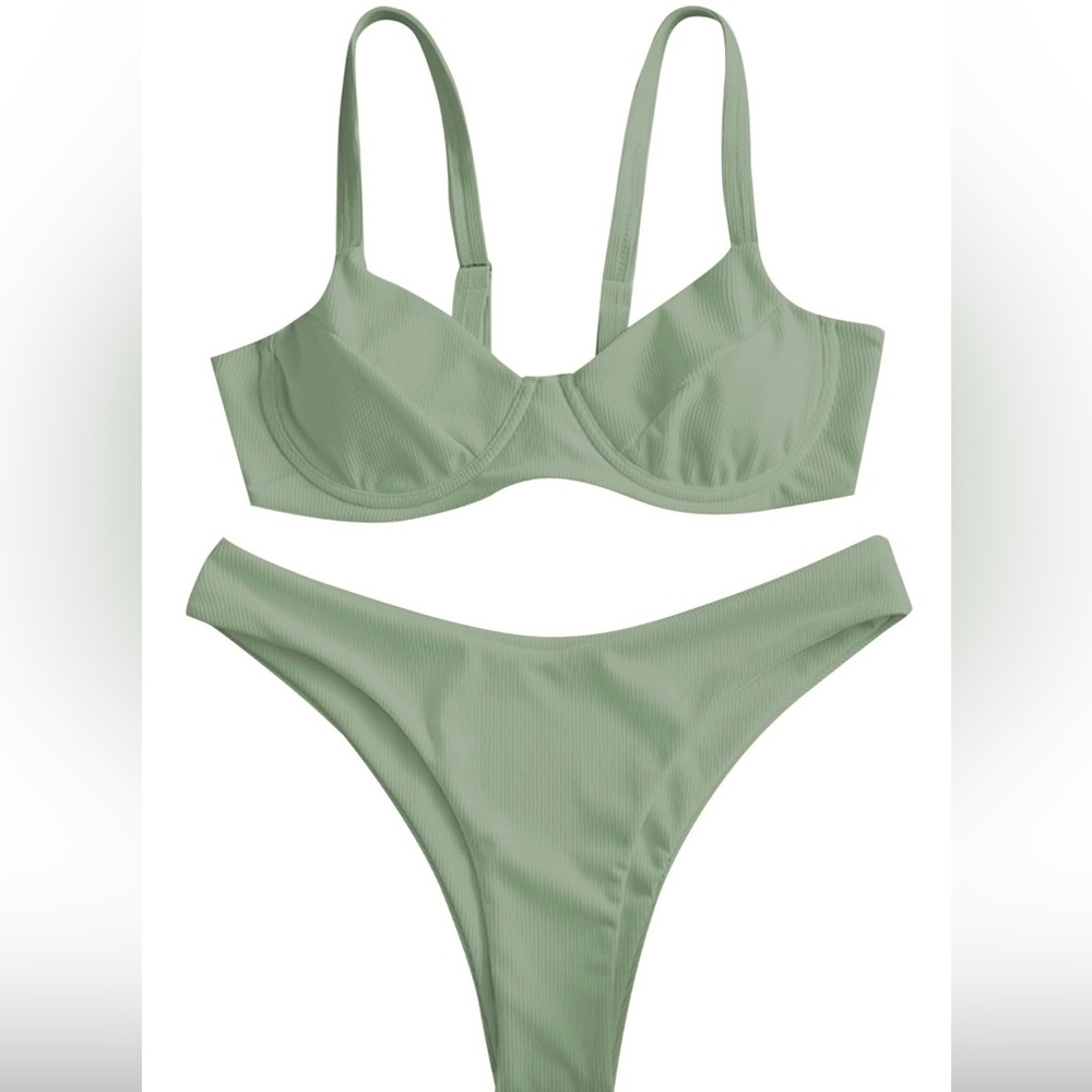 Zaful Green Ribbed Knit Bikini Set